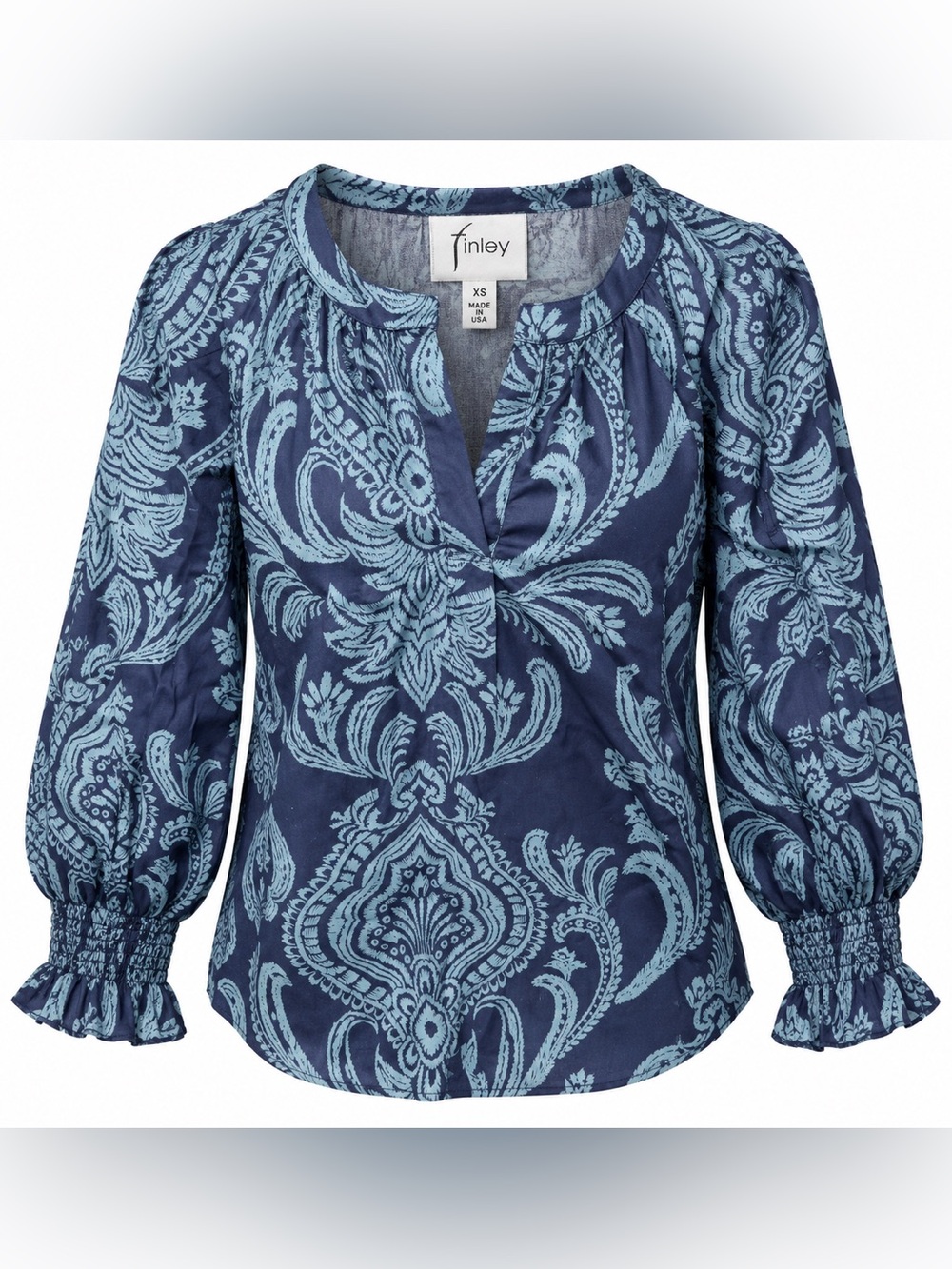 Finley XS Navy Blue Paisley Cotton Blouse Boho Coastal Preppy Smocked Cuffs Top
